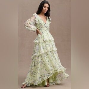 Mac Duggal Pale Green Floral V-Neck Tiered Maxi Dress